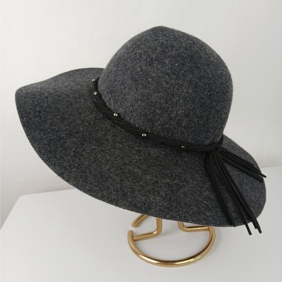 Lucky Brand 100% Wool Dark Gray BOHO HIPPIE Festival/Concert Hat Leather Studs - Picture 3 of 5